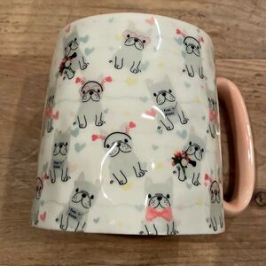 Baby Pug Mug Pink handle hearts bows flowers graphic “free kisses” coffee mug